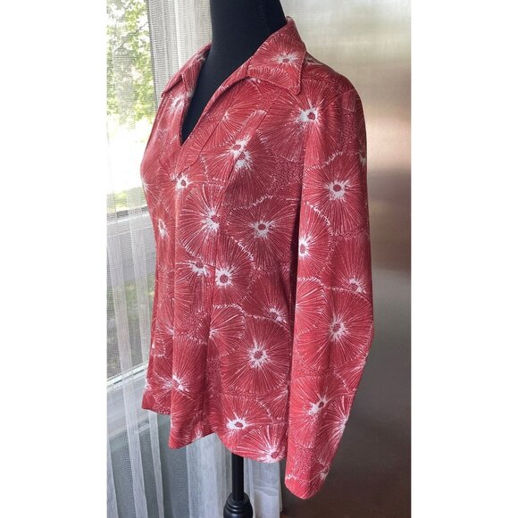 Vintage 1970s top, red and white abstract floral pattern, long sleeves blouse - Picture 3 of 10